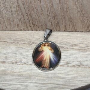Religious Divine Mercy Round Pendant Necklace - Multicolor